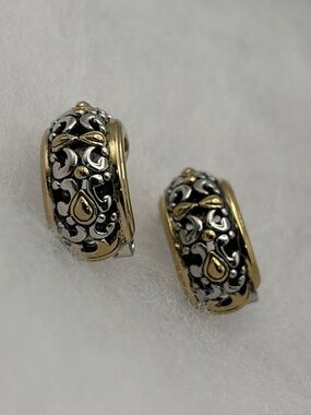 John Medeiros Two-Tone Filigree Hoop Earrings - Silver and Gold Accents